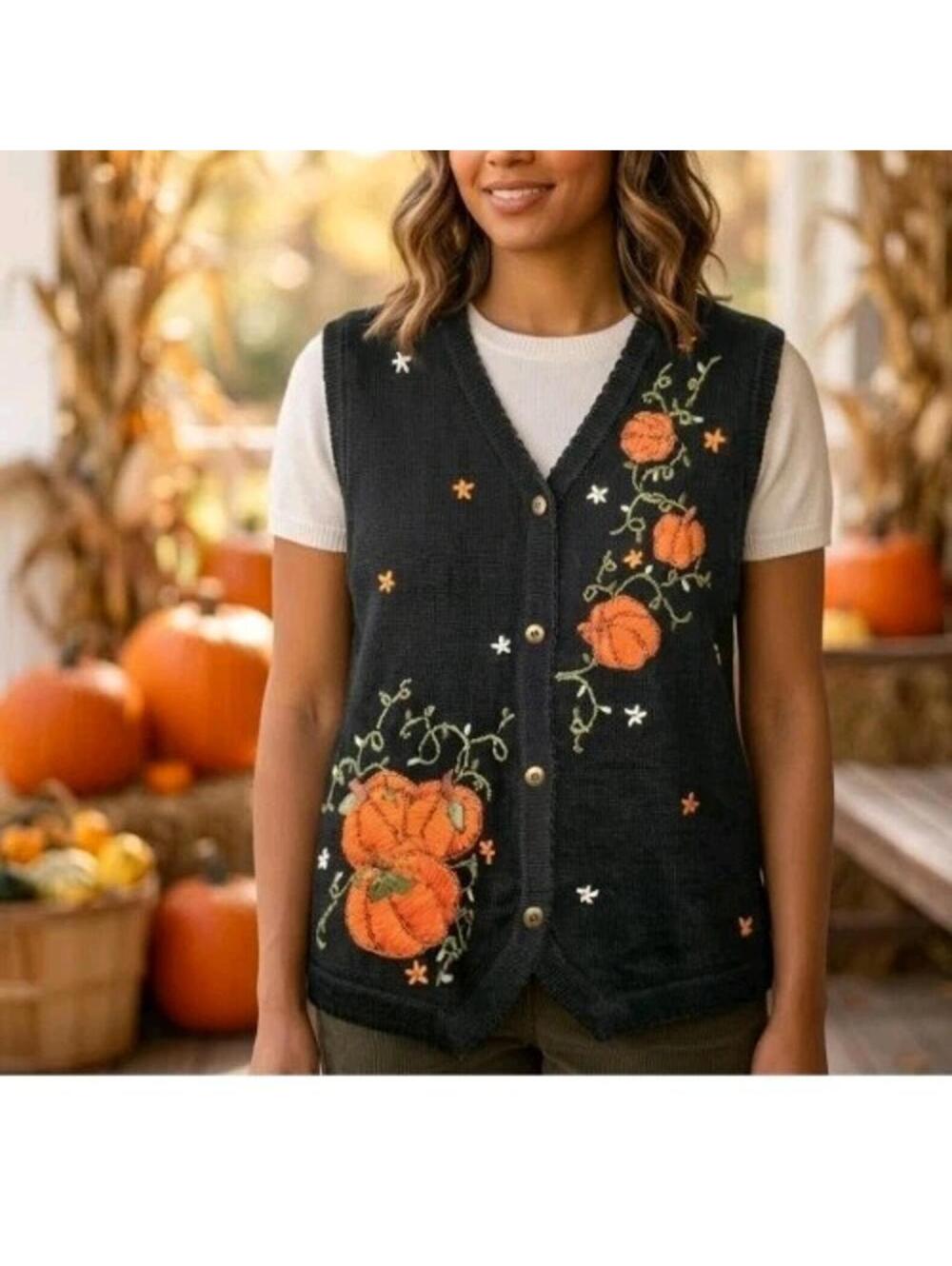 Vtg Arriviste Pumpkin Embroidered Sweater Vest L Halloween Fall Thanksgiving